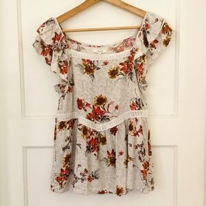 Womens Maurices Floral Lace Trim Ruffle Square Neck Top Size S Peasant Boho